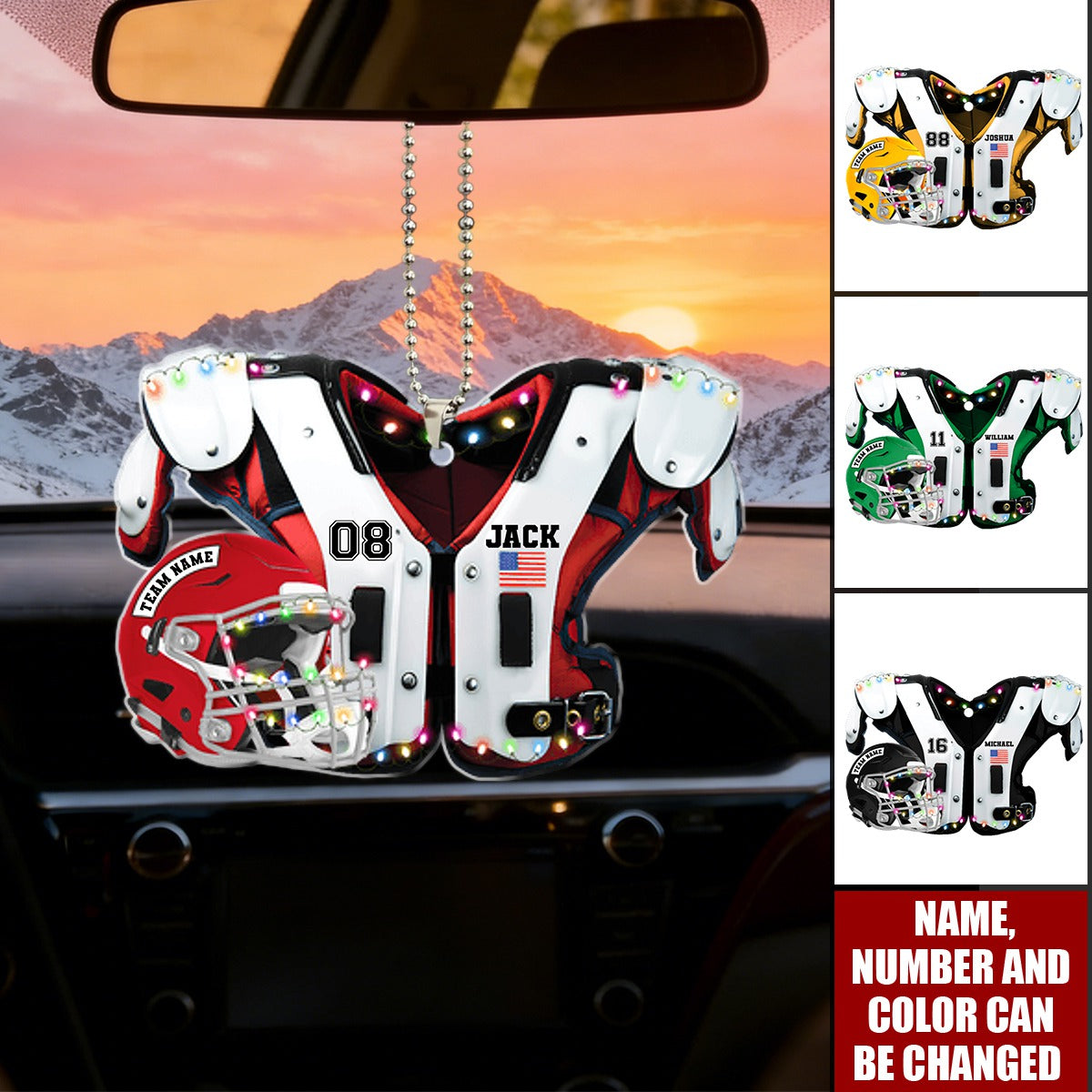Personalized Football Shoulder Pads & Helmet Car Ornament With Name & Color & Number - Unique Sporty Gift For Teenagers & Athletes
