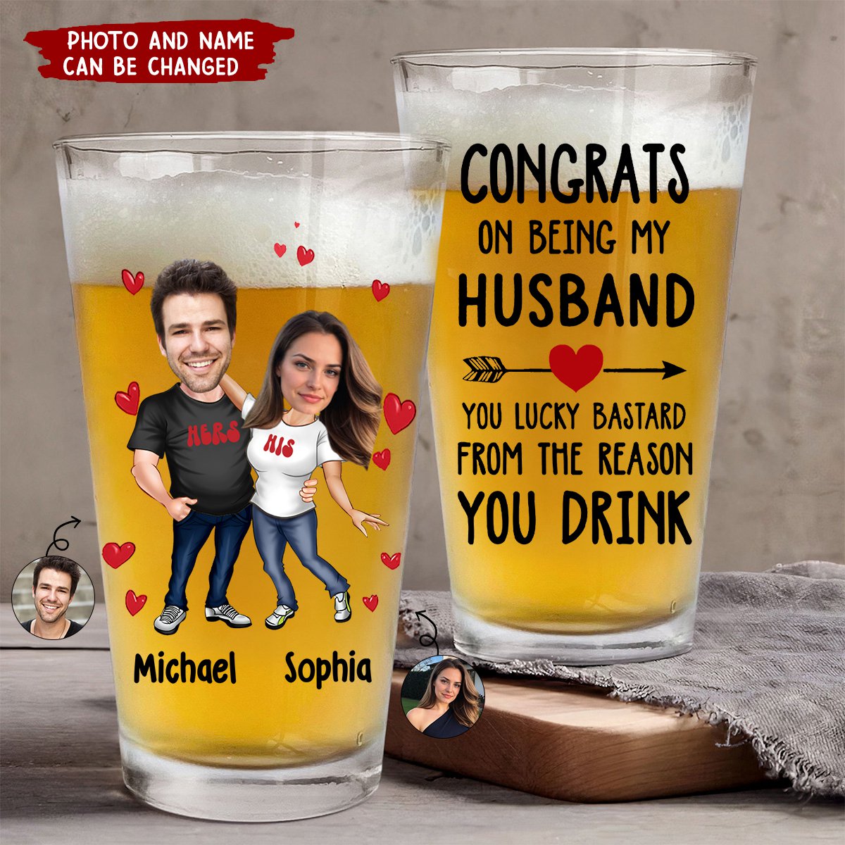 Personalized Couple Beer Glass - Congrats On Being My Husband Boyfriend Custom Name & Photo | Birthdays,Wedding Anniversary,Valentine's Day For Him