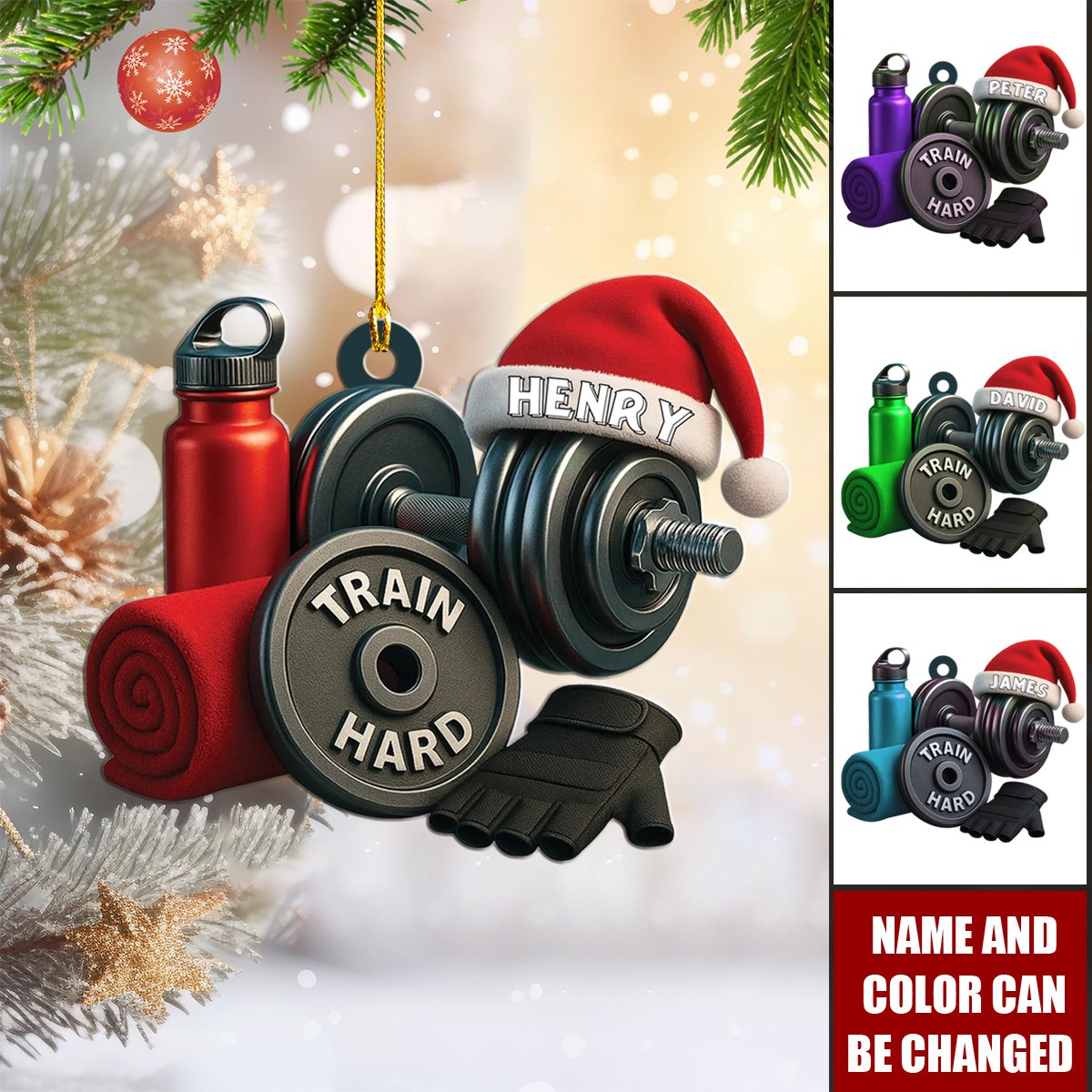 Personalized Acrylic Fitness Ornament with Water Bottle & Dumbbells - Best Christmas Gym Gift for Fitness Coach/Weightlifter/Gym Rat