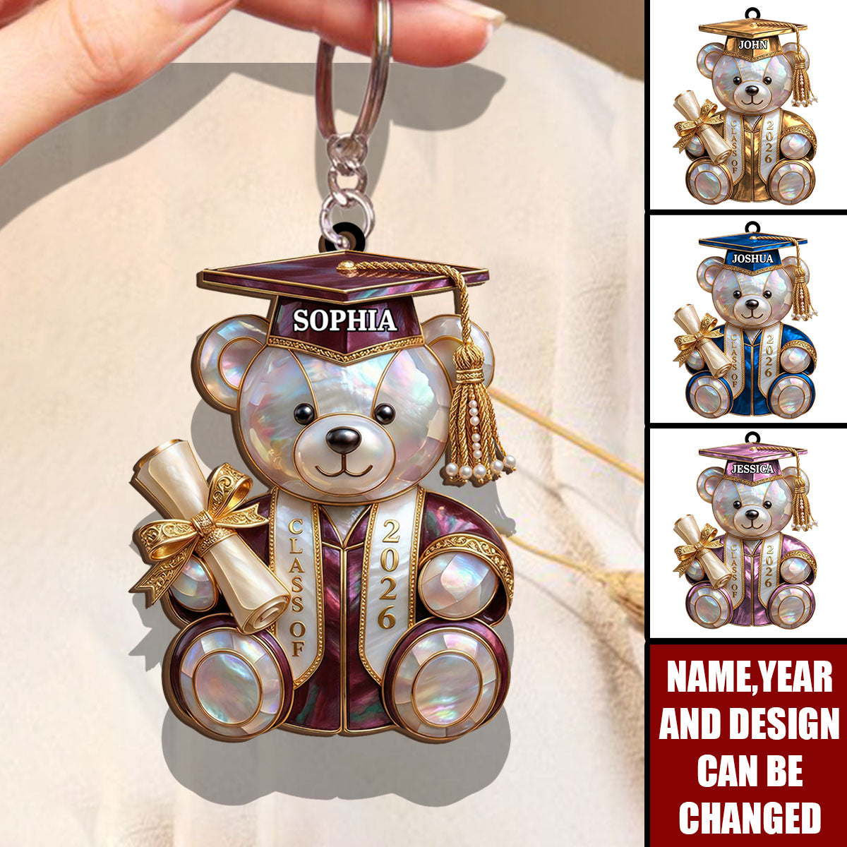 Personalized Graduation Bear Wood Keychain With Name & Color |  Graduation Gift For Daughter Son