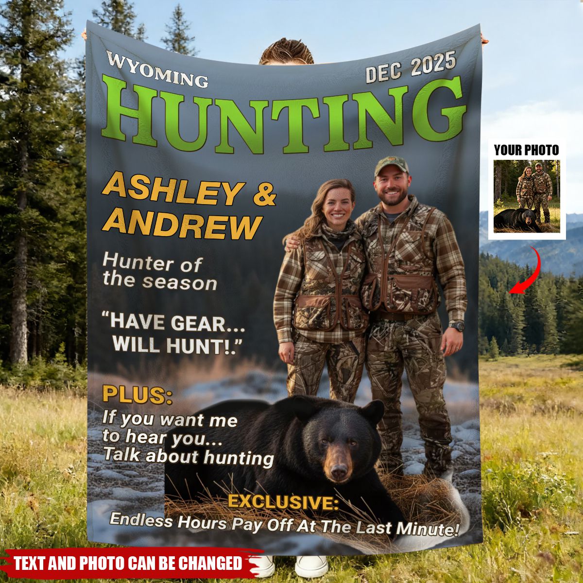 Personalized "Have Gear Will Hunt" Magazine Throw Blanket With Names & Photo - Keepsake | Rustic Cabin Decor | Retirement Gift For Hunters
