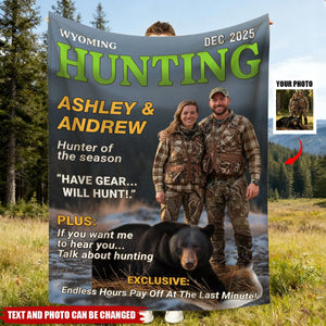 Personalized "Have Gear Will Hunt" Magazine Throw Blanket With Names & Photo - Keepsake | Rustic Cabin Decor | Retirement Gift For Hunters