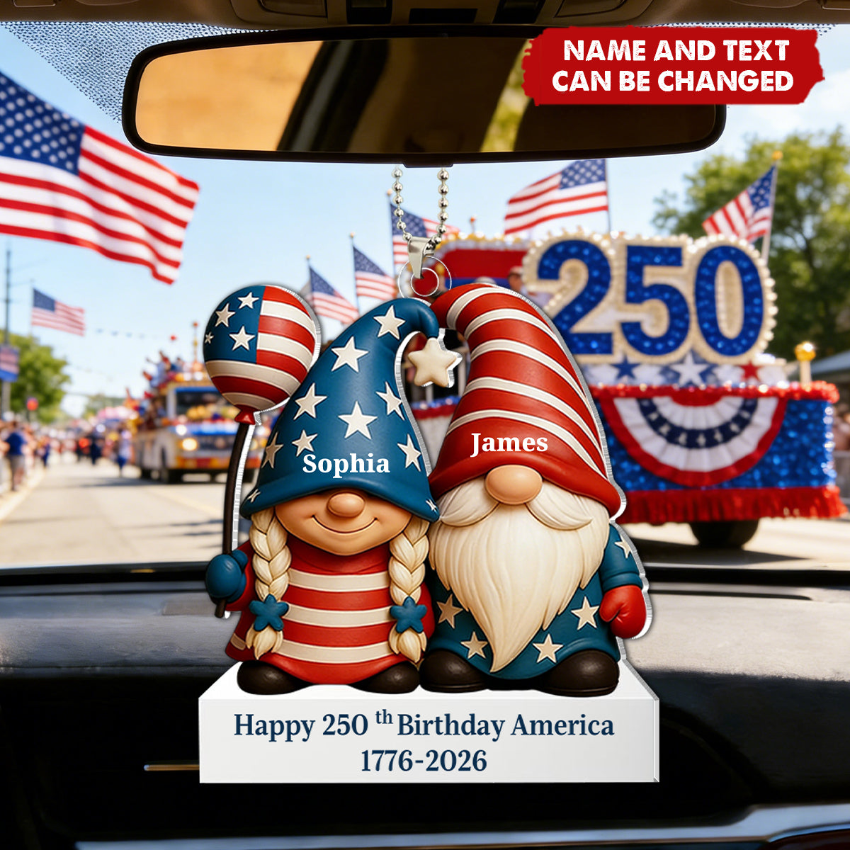 Personalized America's 250th Anniversary Car Ornament With Names & Quote - Historic Independence Day Valentine's Day Gift For Couples