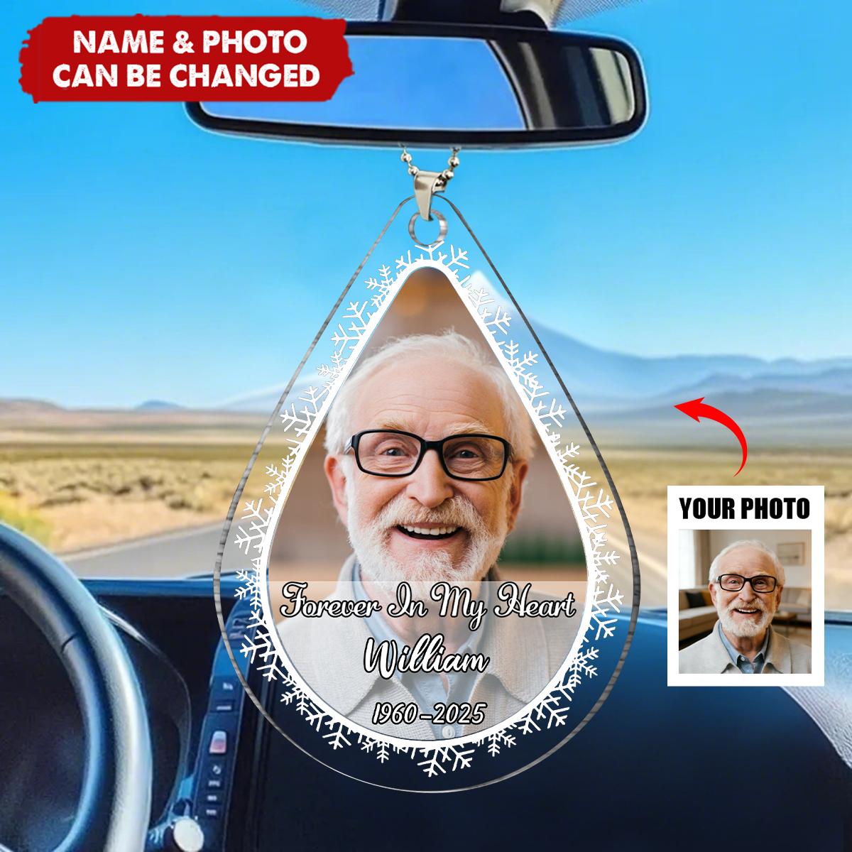 Personalized Teardrop Shape Car Acrylic Ornament With Passed Away Picture & Text & Name - Sympathy Memory Gift For Loss Of Loved One