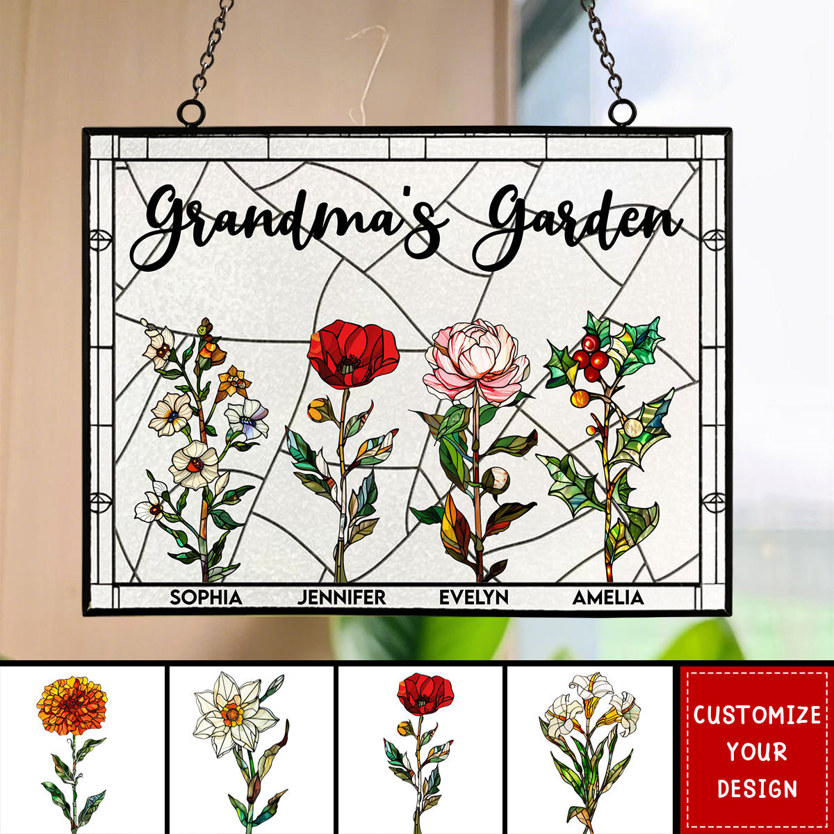 Grandma's Garden - Personalized Stained Glass Window Hanging Suncatcher,Mother's Day Gift