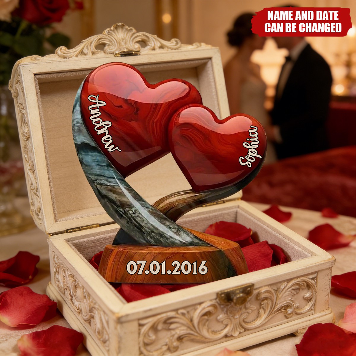 Personalized Double Heart Acrylic Plaque With Names & Date | Romantic "Two Hearts One Rhythm" Gift For Husband Wife