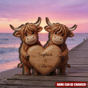 Personalized Highland Cow Wood Plaque With Names | Anniversary Gift For Couples