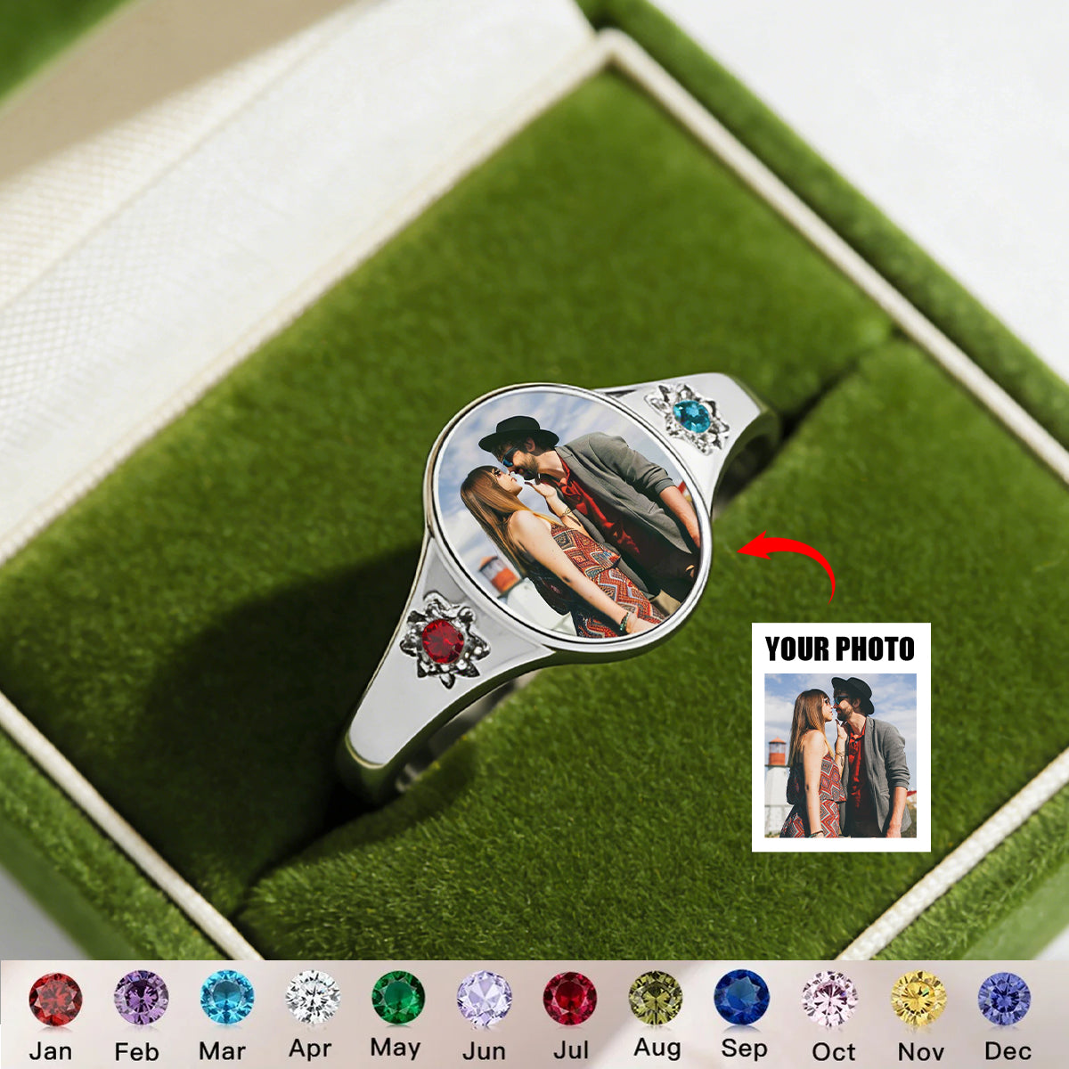 Personalized Photo Projection Ring With Bespoke Birthstone & Ring Color - Soulful Valentine's Day Anniversary Gift For Her Or Wife
