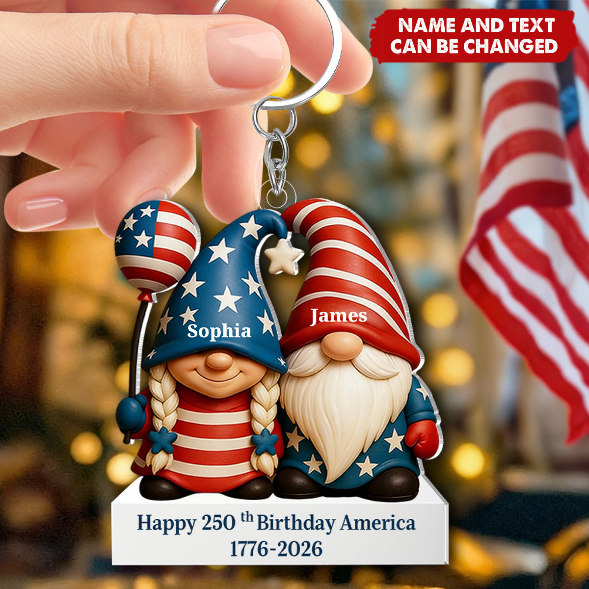 Personalized America's 250th Couple Stars And Stripes Keyring With Name & Quote - Independence Day Valentine's Day Gift For Couples