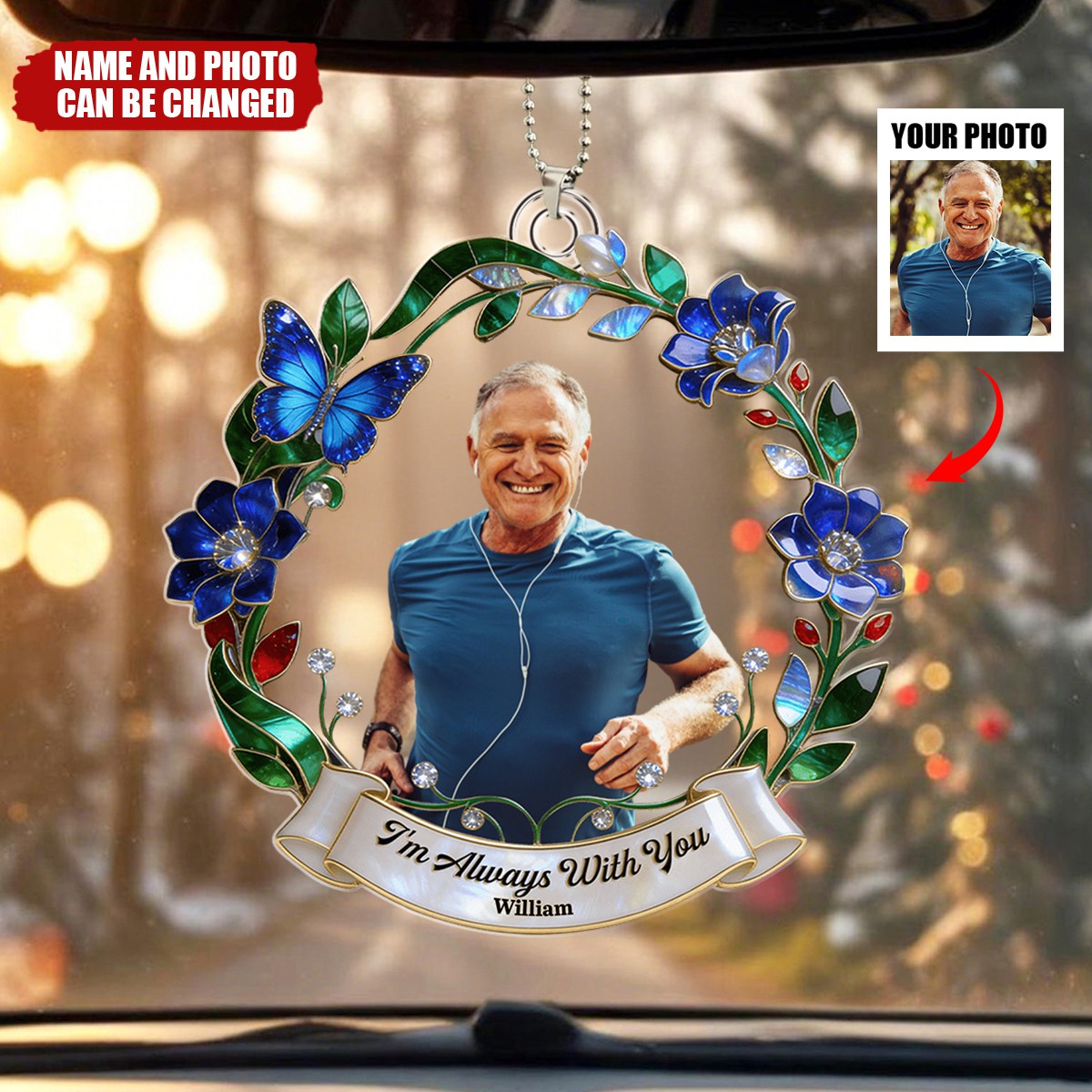 Personalized Red Cardinal & Flower Wreath Car Acrylic Ornament With Name & Photo - Memorial Keepsake Sympathy Decor For Loss Of Loved One