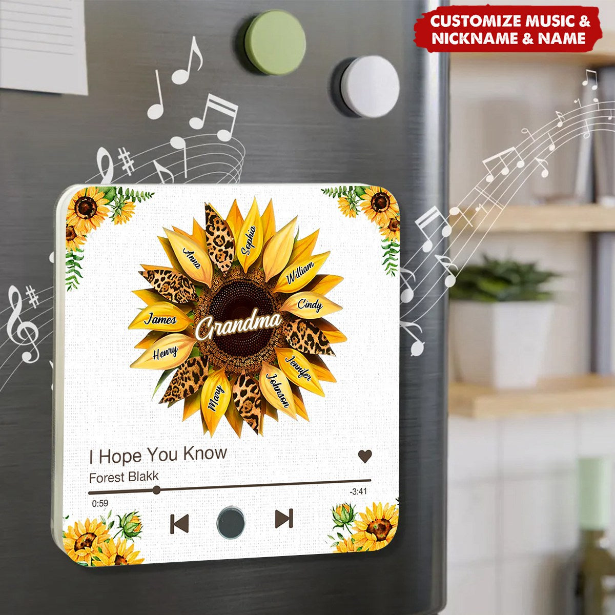 Nana Mom Sunflower Personalized Music Fridge Magnet,Mother's Day Gift