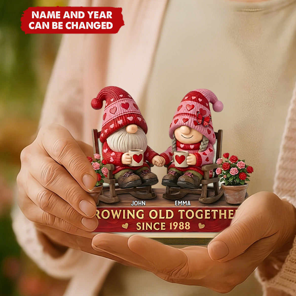 Personalized "Growing Old Together" Standing Wooden Plaque With Names & Year | Heartfelt Anniversary Valentine's Day Gift For Couple Grandparents