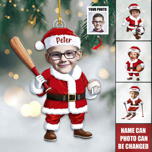 Personalized Little Santa Claus Photo Ornament With Name & Sports Theme | Fun Christmas Gift For Kids Family