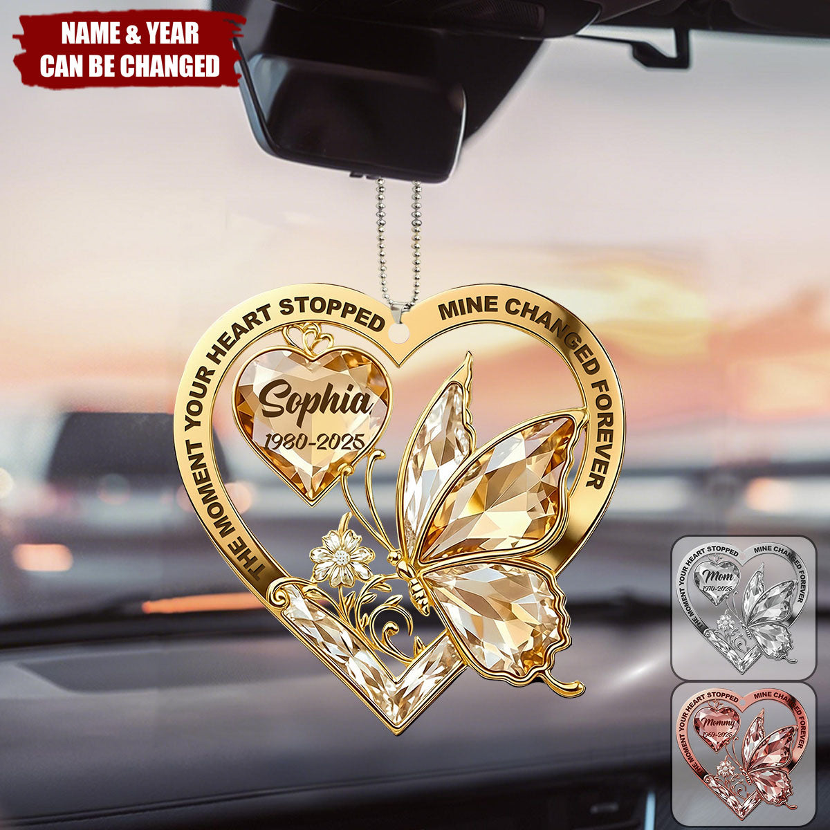 Personalized Memorial Butterfly & Heart Car Ornament With Name & Year & Color | Soul-Stirring Sympathy Bereavement Gift For Loss Of Loved One