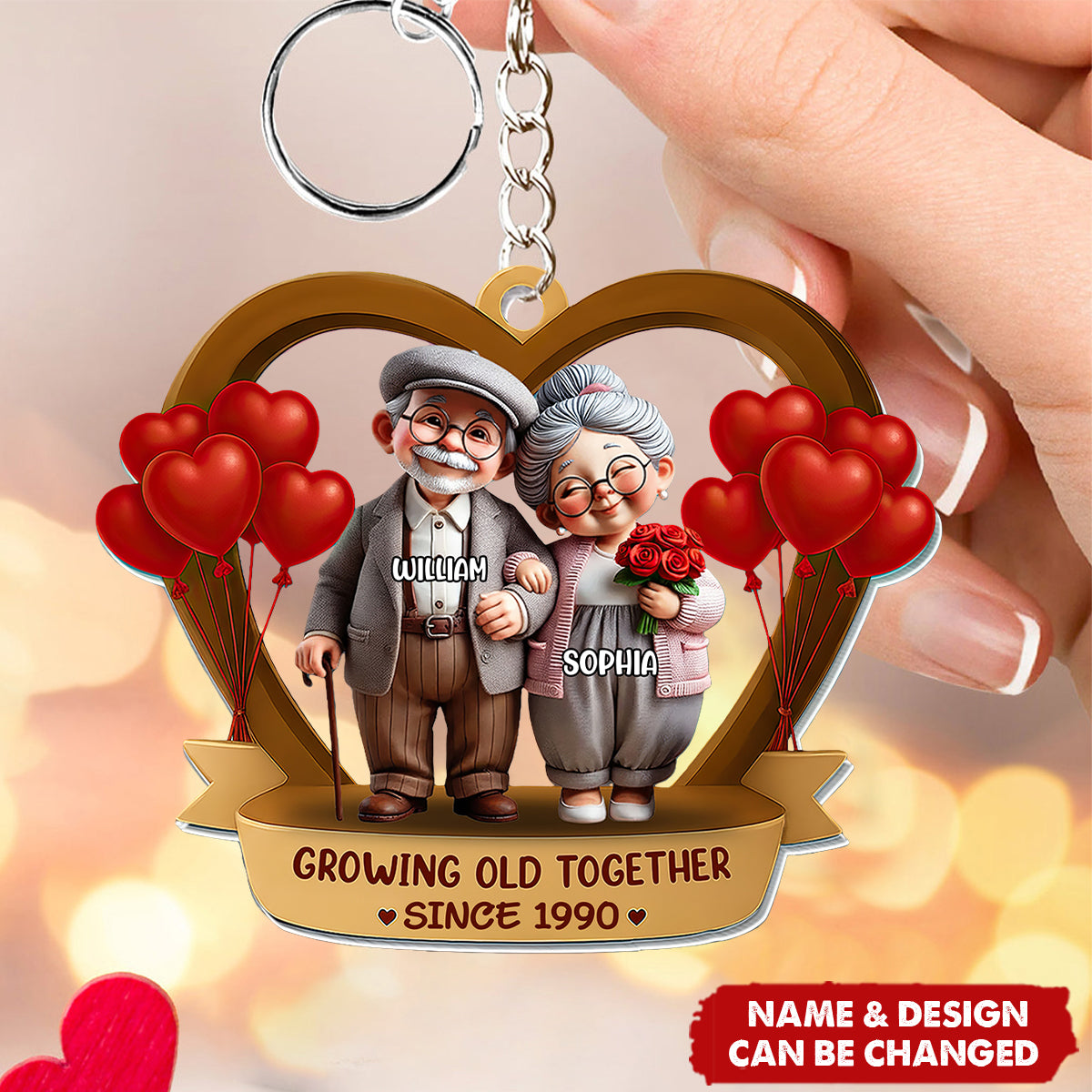 Personalized 3D Effect Hugging Elderly Couple Keyring With Name - Birthday Surprise Valentine's Day Gift For Nana & Papa