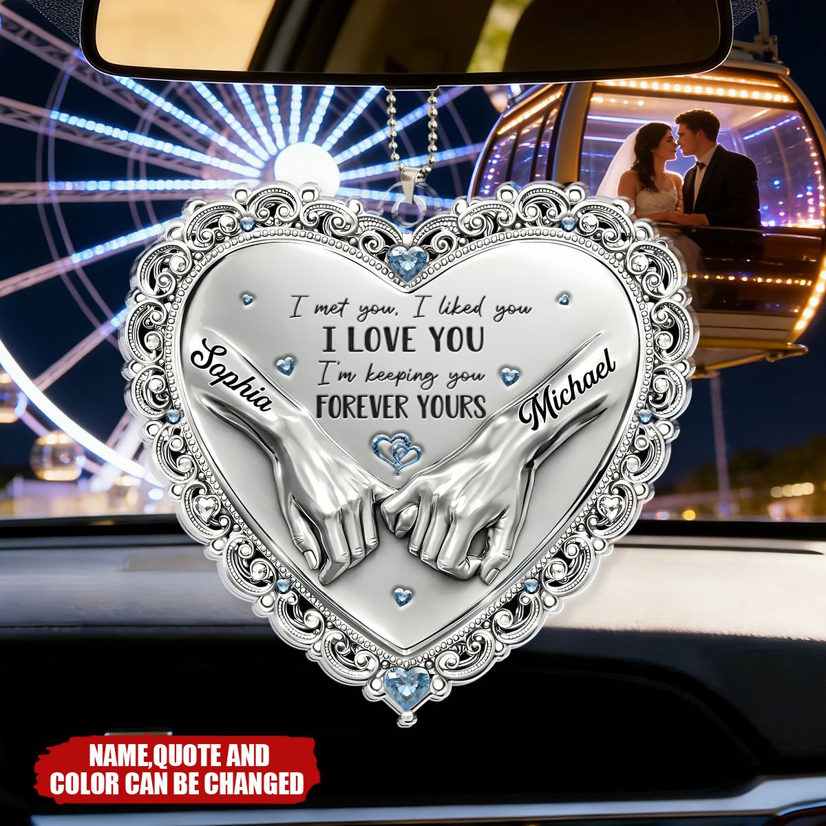 Personalized Holding Hands Heart Acrylic Car Ornament With Names & Quote & Color | Romantic Anniversary Wedding Valentine's Day Gift For Couples