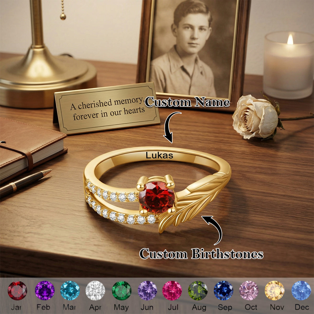 Personalized "Forever in Our Hearts" Feather Birthstone Ring With Name | Romantic Gift For Girlfriend Wife