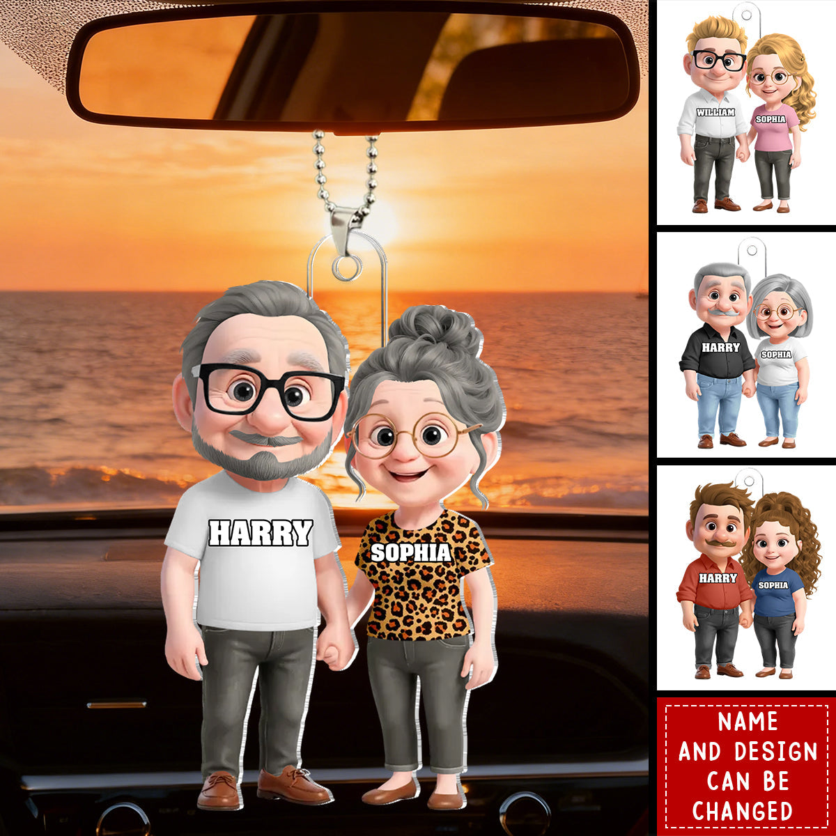 Personalized Cute Cartoon Couple Holding Hands Car Ornament With Names & Icons - Valentine's Day Keepsake Anniversary Gift For Soulmates