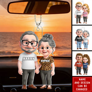 Personalized Cute Cartoon Couple Holding Hands Car Ornament With Names & Icons - Valentine's Day Keepsake Anniversary Gift For Soulmates