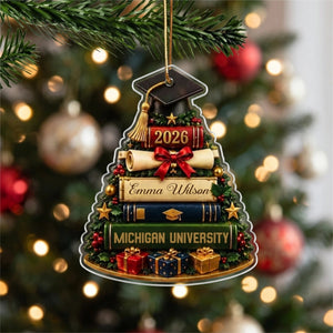 Personalized Graduation Cap With Books Christmas Ornament -  Class Of 2026 Gift