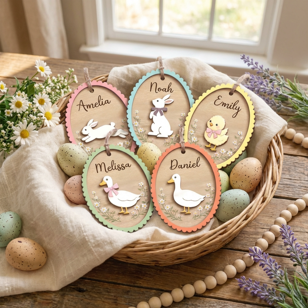 Personalized Easter Basket Tag With Name - Bunny, Duck, Chick Design - Spring Easter Egg Hunt Gift For Kids