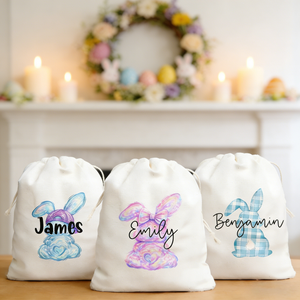 Personalized Easter Favor Bag With Name & Bunny Design | Spring Party Durable Drawstring Egg Hunt Pouch Gift For Kids
