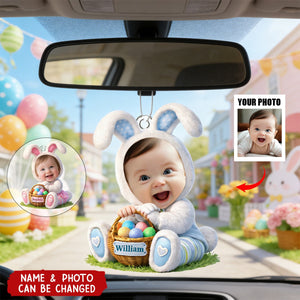 Personalized Easter Bunny Kid Car Ornament With Photo & Name | Cute 2026 Spring Gifts For Kids
