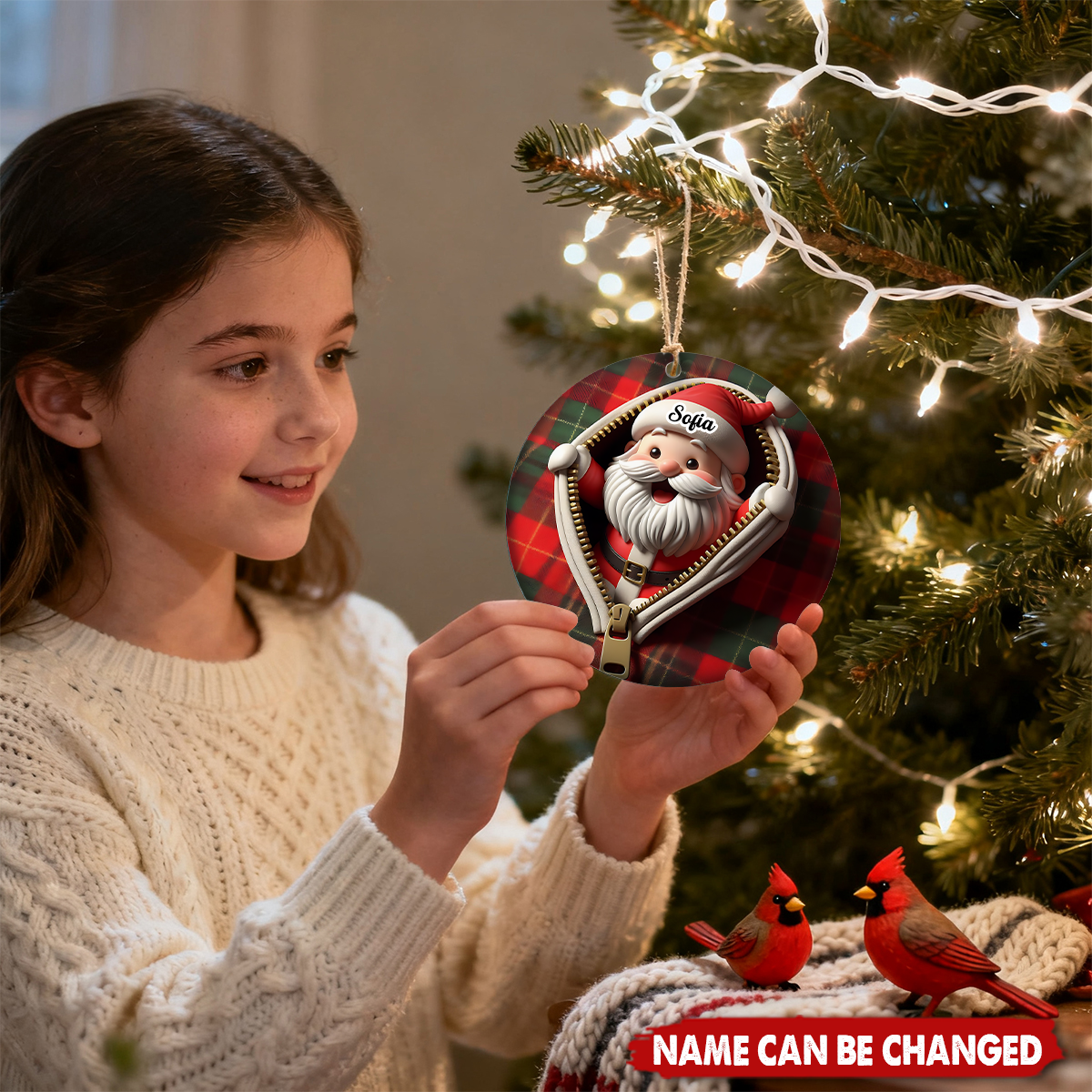 Personalized Funny Zipper Plaid Santa Ceramic Christmas Ornament With Name - Humorous Holiday Decor For Family Friends