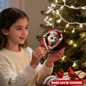 Personalized Funny Zipper Plaid Santa Ceramic Christmas Ornament With Name - Humorous Holiday Decor For Family Friends