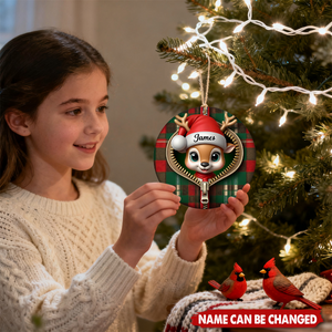 Personalized Funny Plaid Zipper Reindeer Ceramic Ornament With  Name & Jacket Design - Playful Xmas Gift For Family Friend