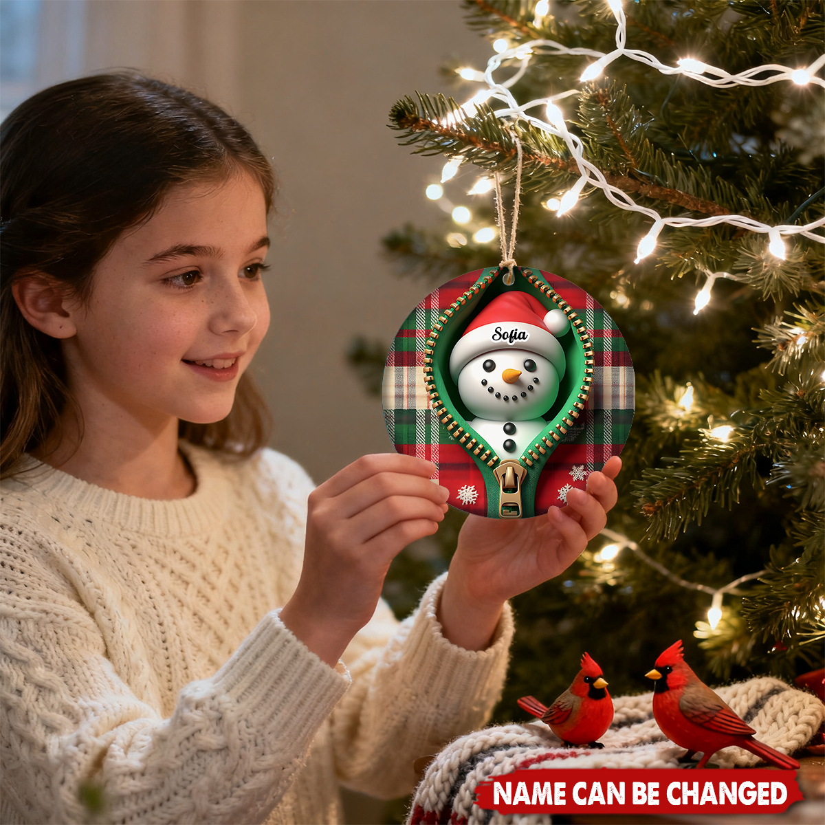 Personalized Funny Zipper Plaid Snowman Ceramic Ornament With  Name & Jacket Design - Cute Xmas Decor For Family Friend