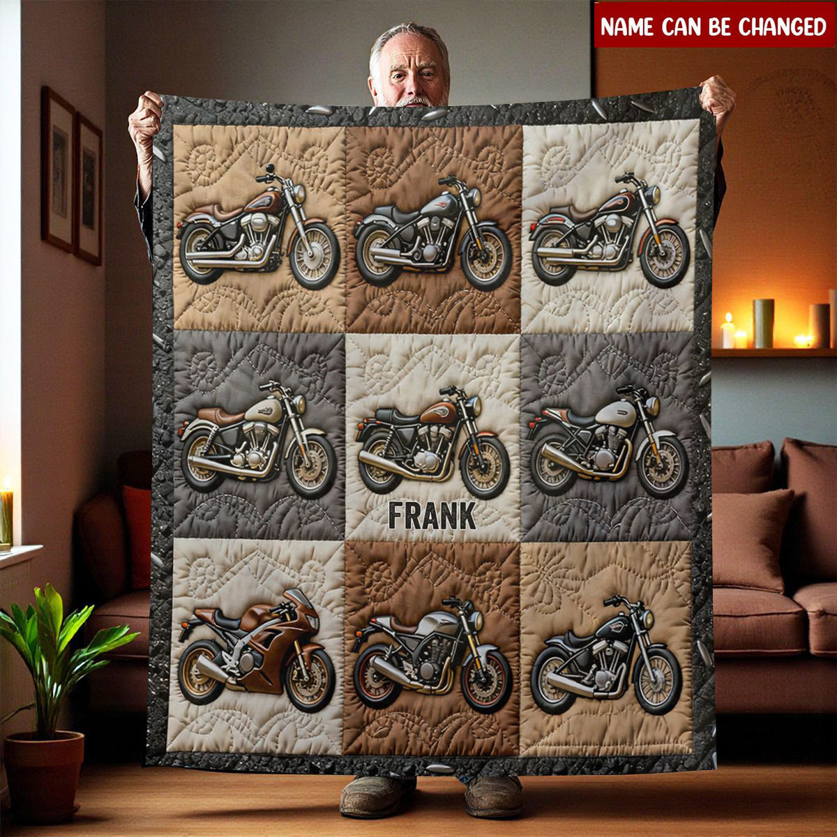 Personalized Quilt-Style Biker Blanket With Name | Classic Motorcycle Grid | Unique Christmas Gift For Motorbike Enthusiast Man