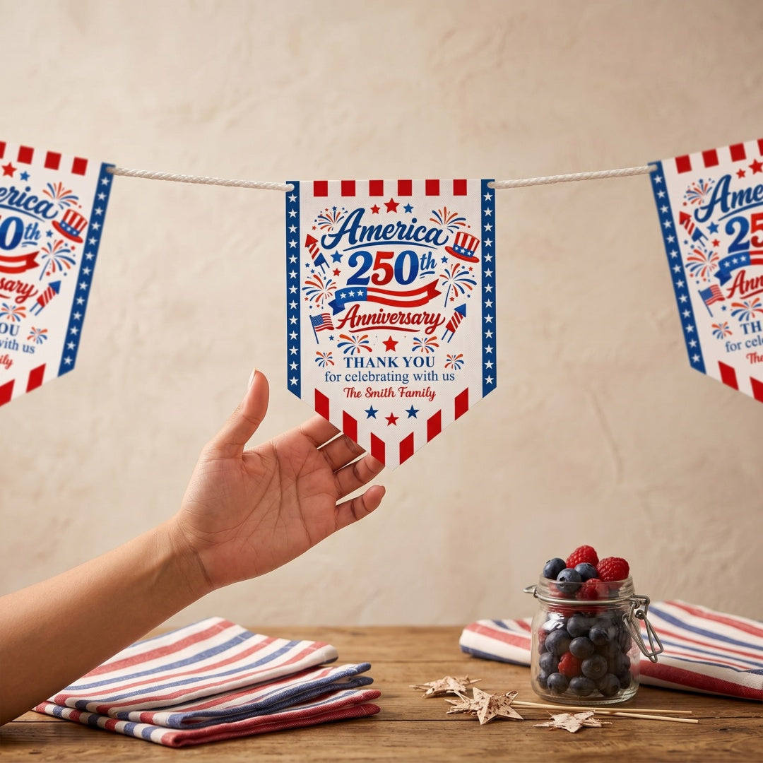 Custom Name America 250th Anniversary Banner With Flag Firework Graphic For 4th Of July Party Decor