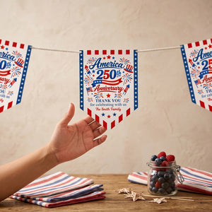 Custom Name America 250th Anniversary Banner With Flag Firework Graphic For 4th Of July Party Decor