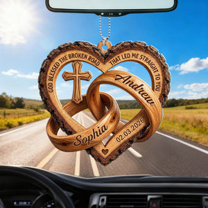 Personalized Name Cross Heart Rings Car Ornament - God Blessed The Broken Road - Gift For Christmas