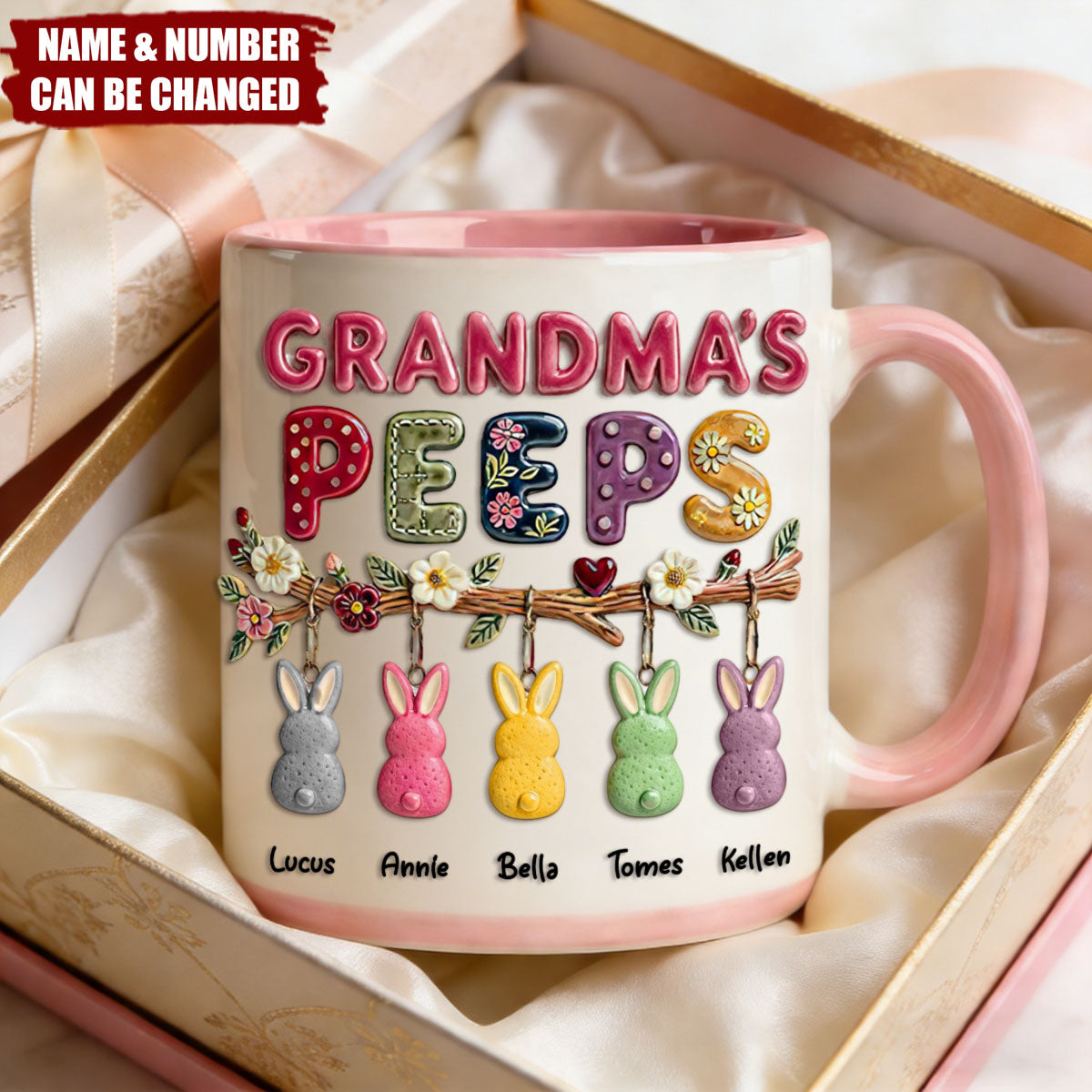 Personalized Cuddly Bunny Garden Accent Mug With Grandkids' Names & Floral Design - Sweet Mother’s Day Easter Gift for Grandma & Nana