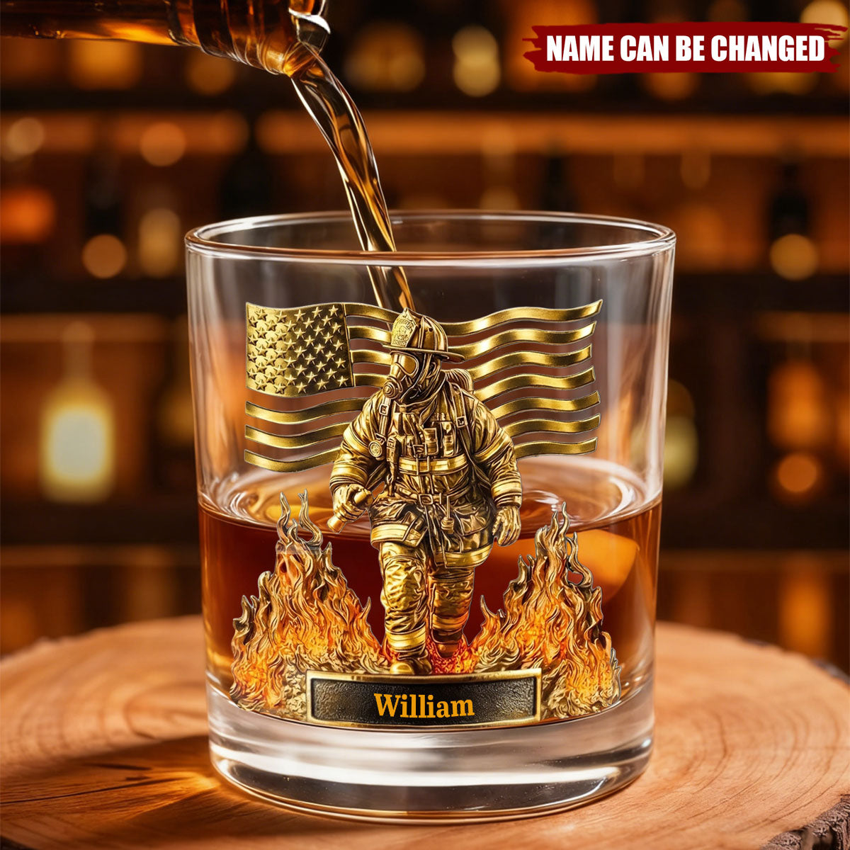 Personalized 3D Effect Firefighter Whiskey Glass With American Flag & Name - Brave Hero Fathers Day Birthday Gift For Fireman