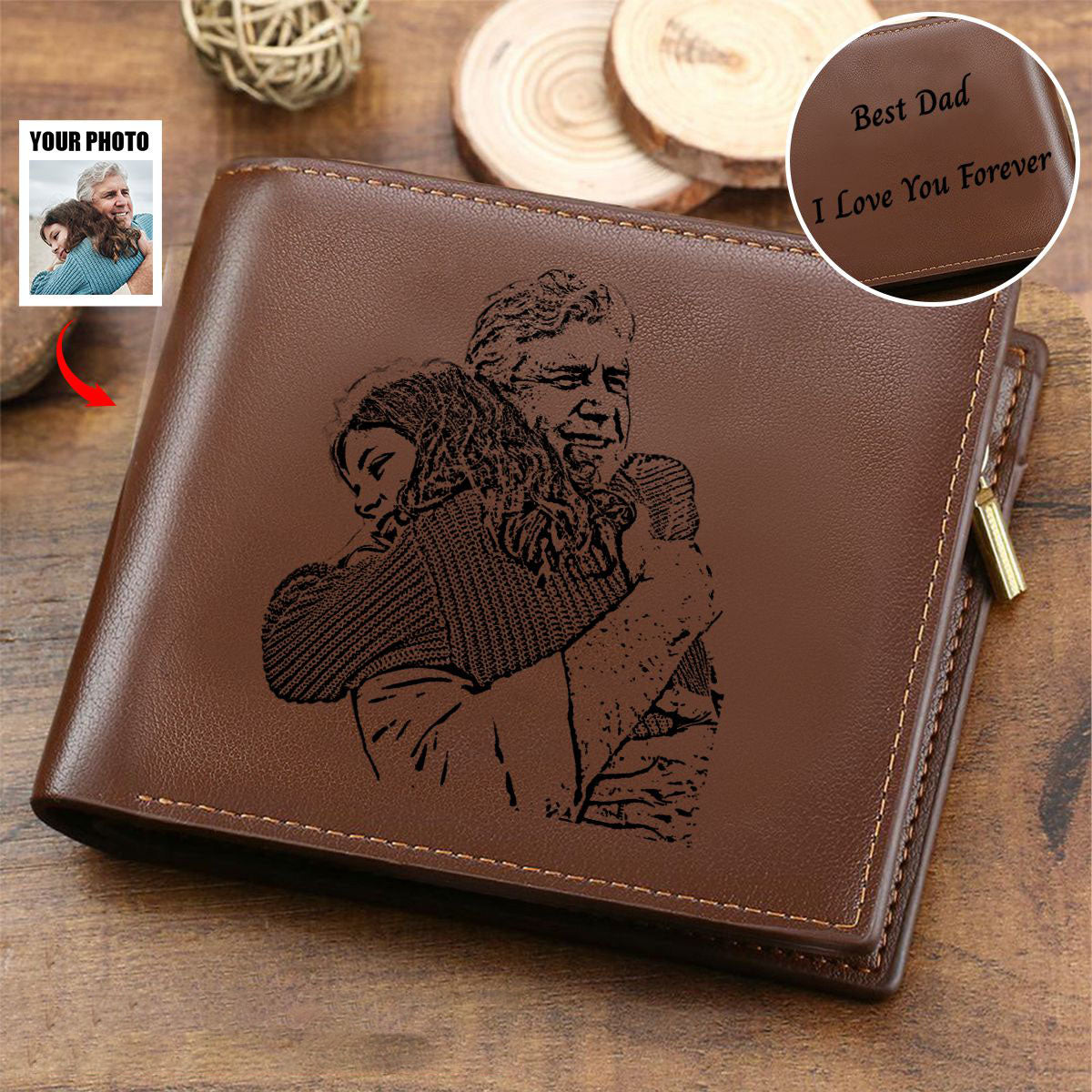 Personalized Photo Trifold Zipper Engraved Wallet For Men Father's Day Gift
