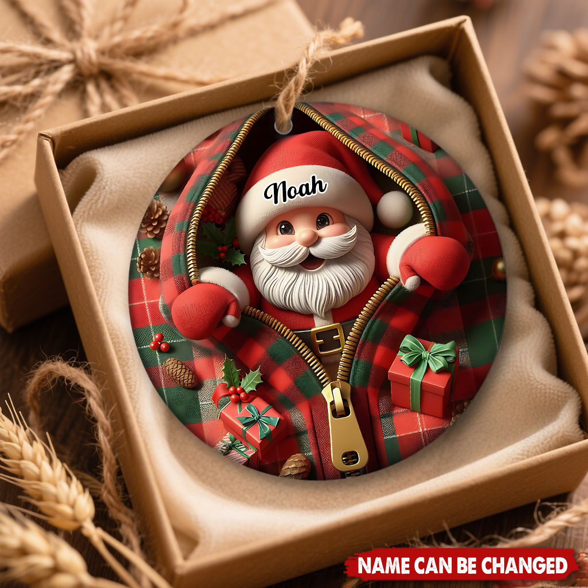 Personalized Funny Zipper Plaid Santa Ceramic Christmas Ornament With Name - Humorous Holiday Decor For Family Friends