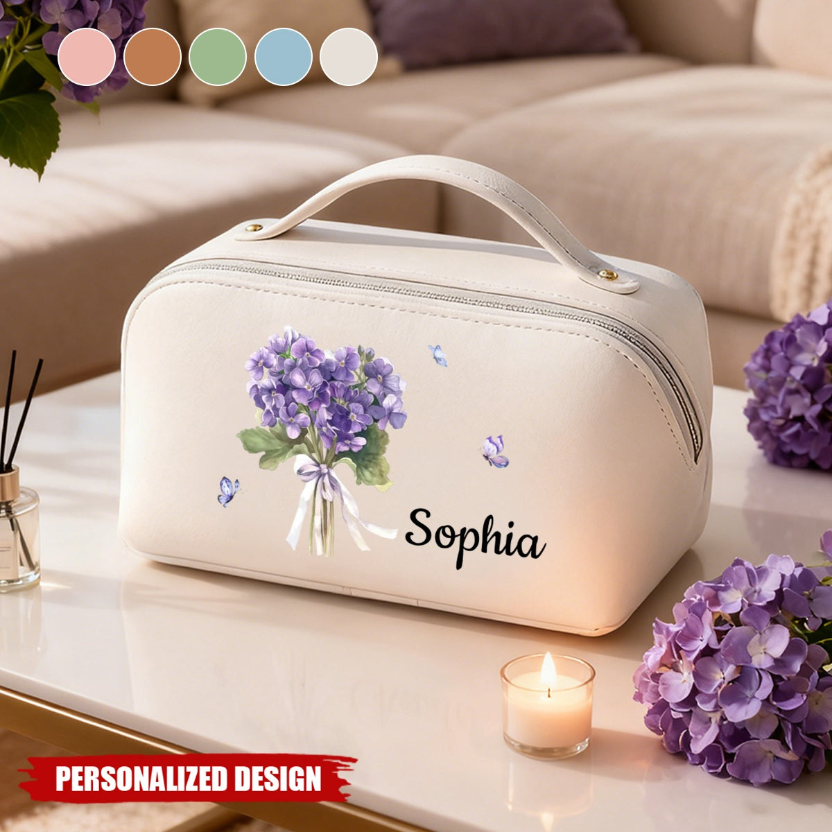 Personalized Waterproof Travel Toiletry Bag With Name & Floral Bouquet & Color | Elegant Birthday Gift For Besties & Wom