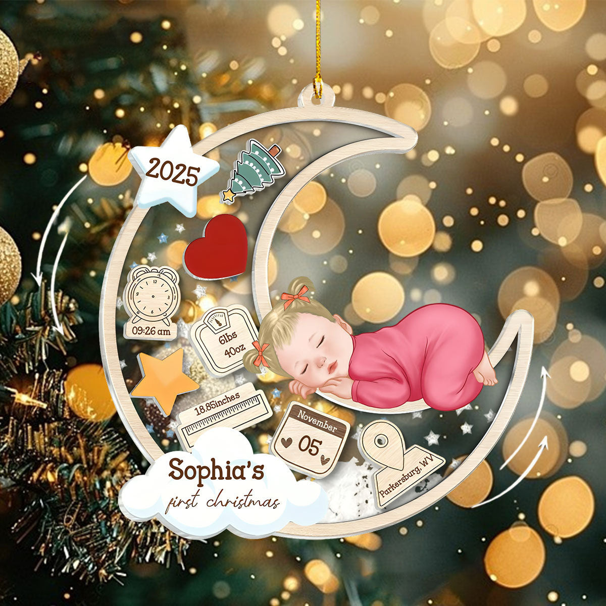 Personalized Baby Sleeping on the Moon 4D Shaker Ornament - Customize Name, Commemorate The First Christmas, Get Baby's Exclusive Christmas Memory