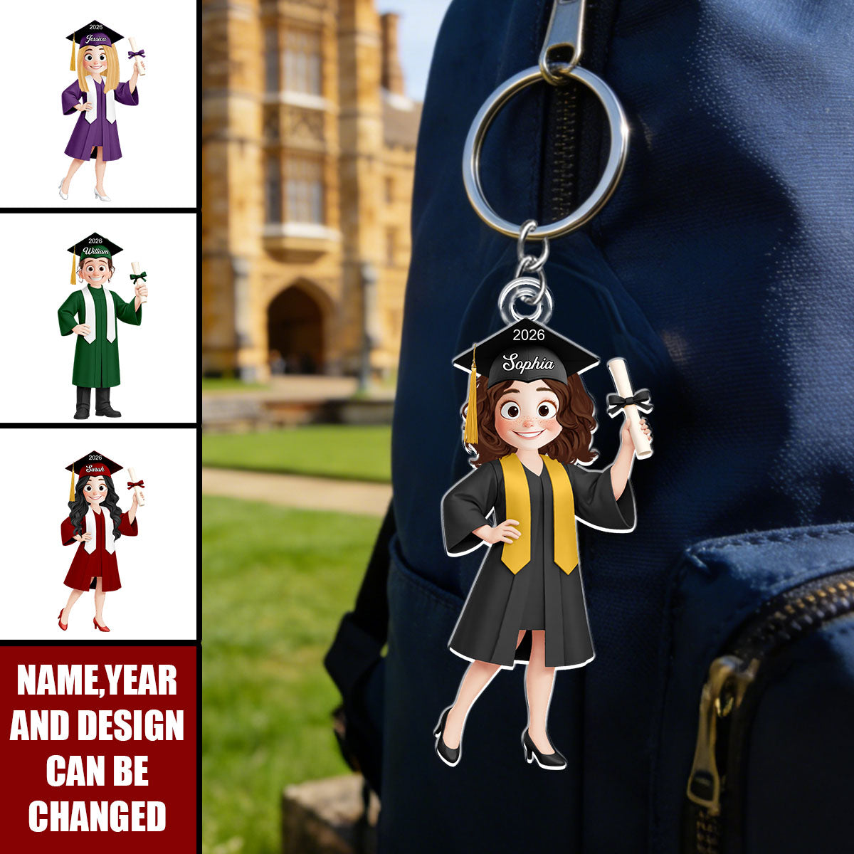 Personalized Class Of 2026 Chibi Acrylic Keychain With Cartoon Icon & Name & Year - Creative Graduation Keepsake Gift For Him Or Her