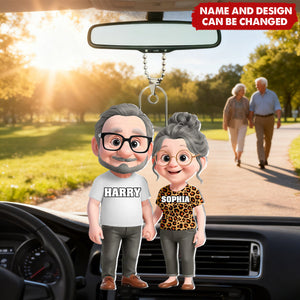 Personalized Cute Cartoon Couple Holding Hands Car Ornament With Names & Icons - Valentine's Day Keepsake Anniversary Gift For Soulmates