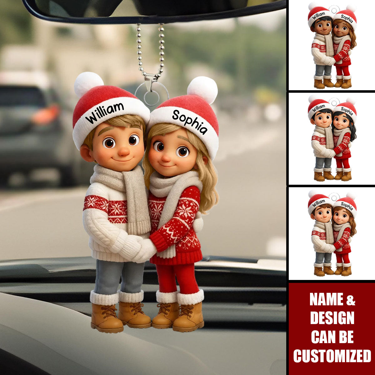 Personalized Cute Cartoon Couple Hug Car Ornament With Names & Winter Clothes Design - Heartfelt Car Christmas Gift For Couple