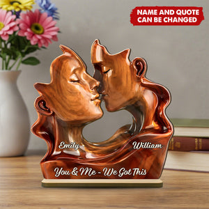 Personalized Couple Kissing Silhouette 2-Layered Wooden Plaque With Names & Quote - Valentine's Day Anniversary Gift For Husband Or Wife