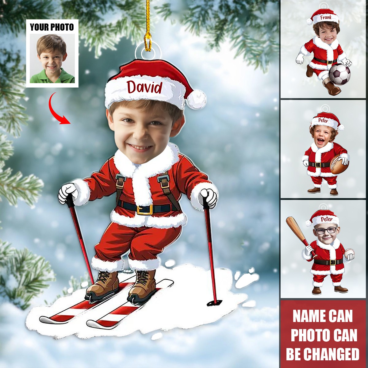 Personalized Little Santa Claus Photo Ornament With Name & Sports Theme | Fun Christmas Gift For Kids Family