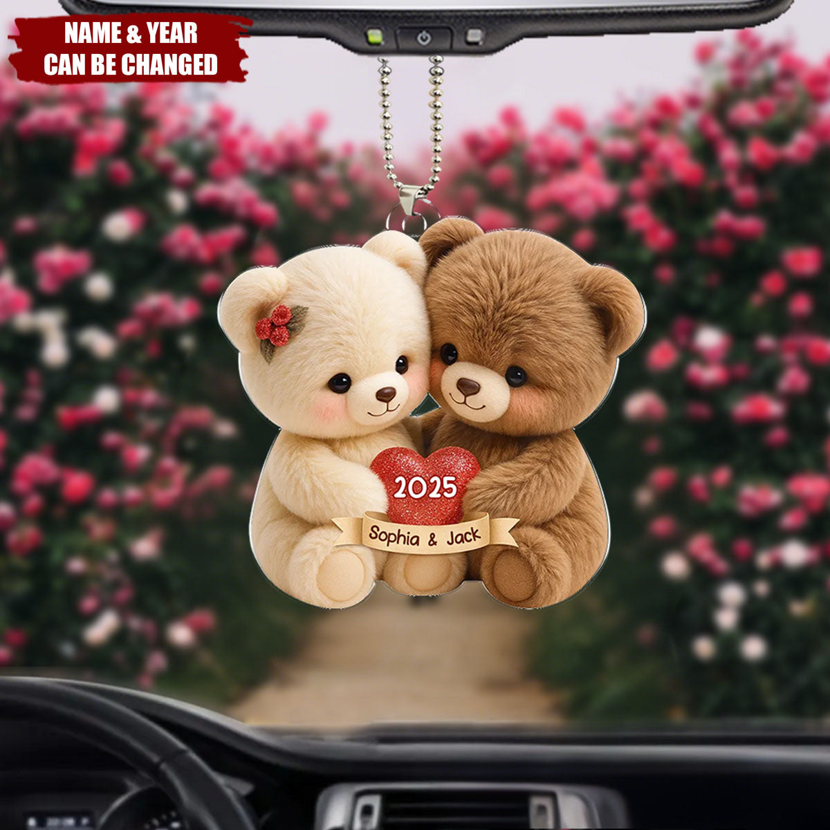 Personalized Loving Bear Couple Acrylic Car Ornament With Names & Year - Rearview Mirror Accessory For Couple