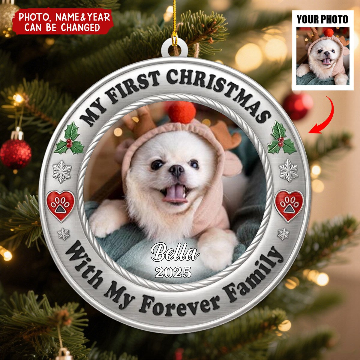 Personalized Pet Photo Metal Ornament With Name & Year,Perfect Christmas Birthday Gifts For Dog Cat Lovers