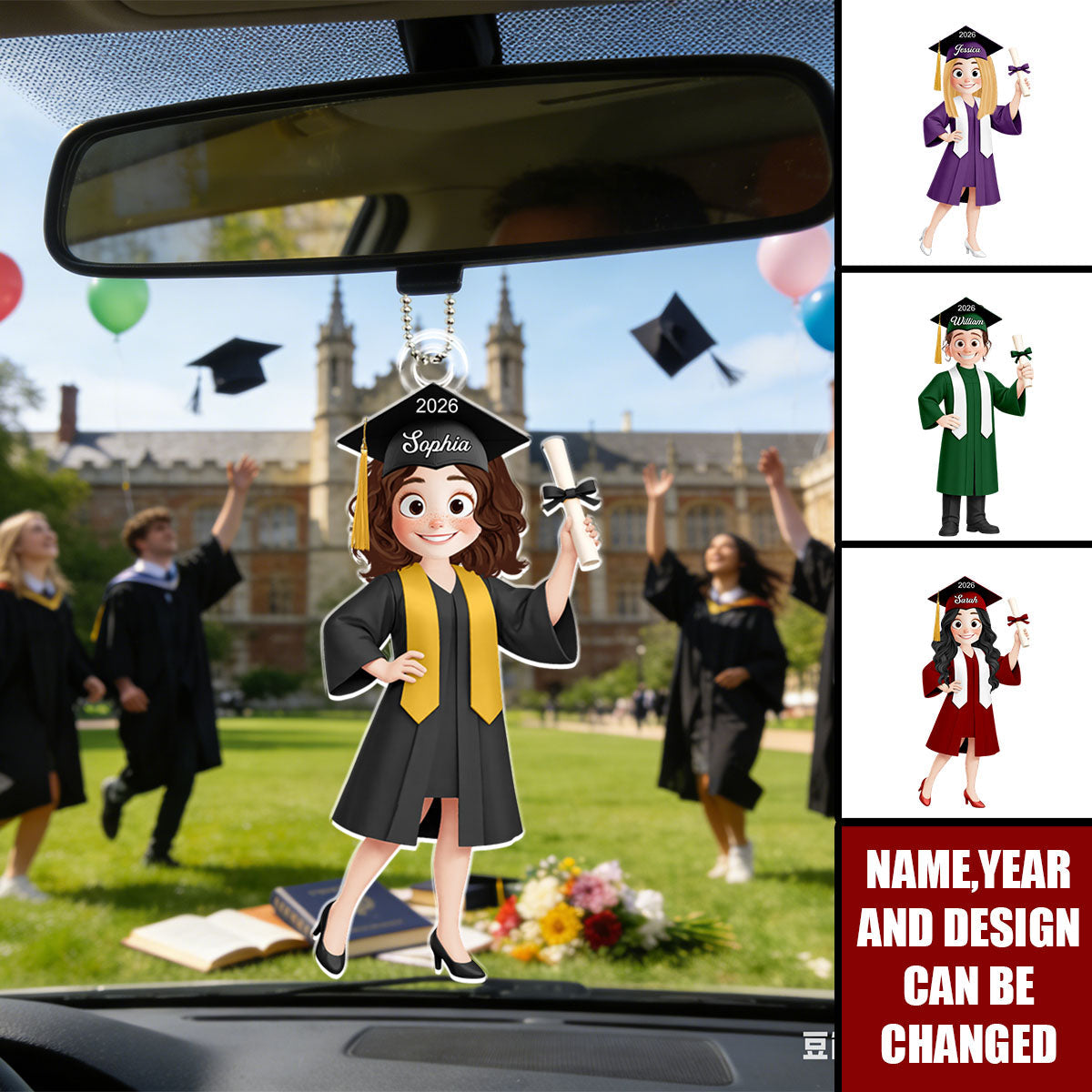 Personalized 2026 Graduation Chibi Style Acrylic Car Ornament With Cartoon Icon & Name & Year - Creative Graduation Gift For Him Or Her