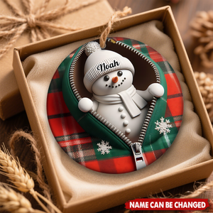 Personalized Funny Zipper Plaid Snowman Ceramic Ornament With  Name & Jacket Design - Cute Xmas Decor For Family Friend